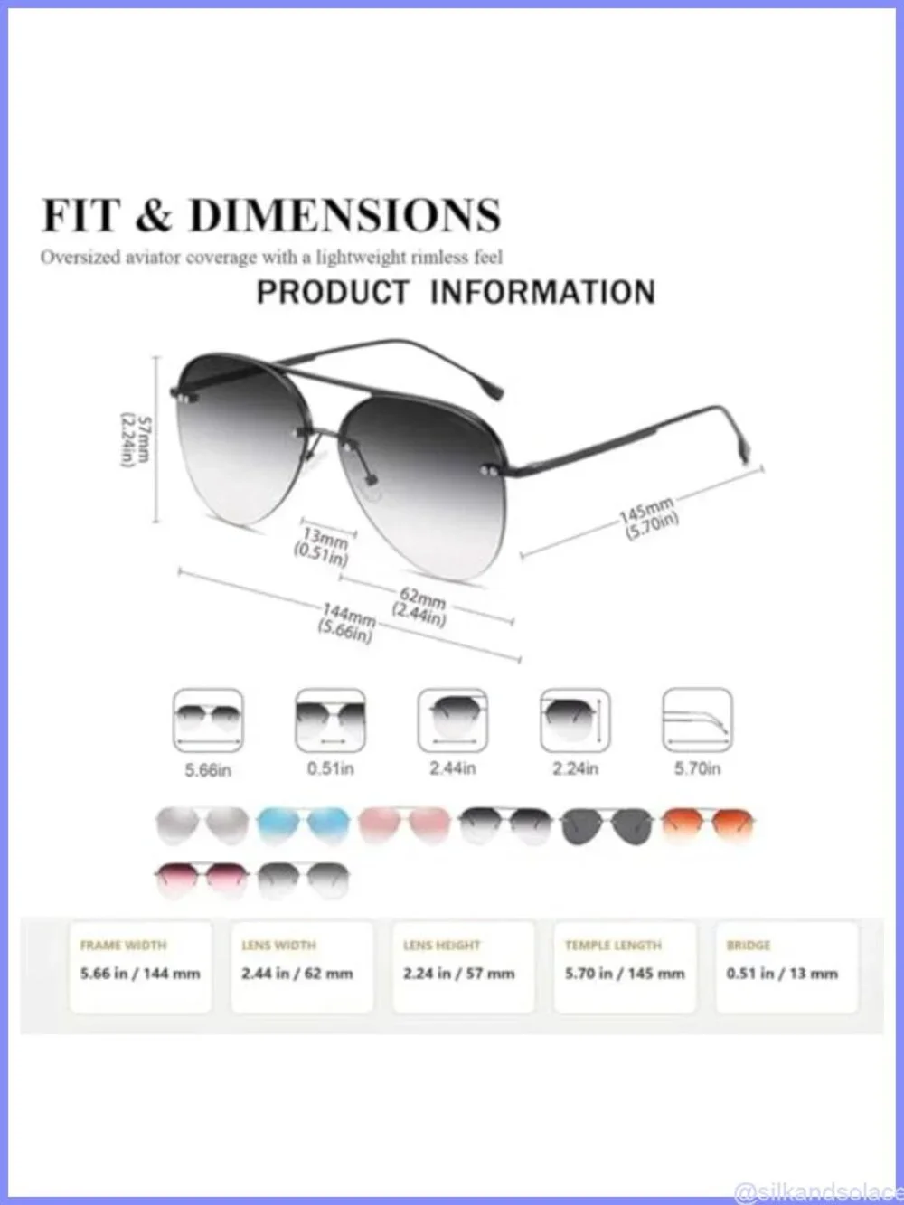 Rimless Aviator Sunglasses Oversized Gradient Mirrored UV400